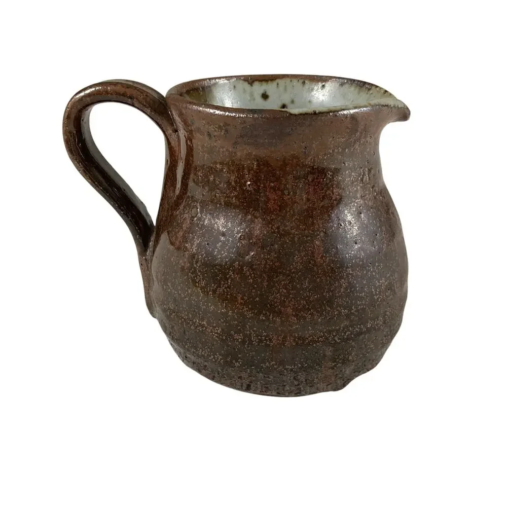Stoneware Pottery Pitcher Small Hand Thrown Brown Gray Speckled Glaze Signed SB